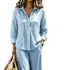 Conjunto Feminino de Duas Peças 2026 Casual Europeu e Americano Transfronteiriço, Gola Lapela, Meio Botão, Manga Longa, Cor Sólida, Estilo Preguiçoso, Calça Wide Leg