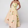 Moda Feminina Nova Primavera Estilo Europeu e Americano Vestido Estampado Elegante Longo Acinturado Flare Sem Alças