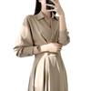 Gran Número de Tallas Listas Siguen el Nuevo Estilo Coreano Ins Otoño Temprano Vestido de Cintura Estilo Camisa Retro Vestido Plisado para Mujer