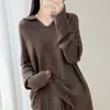 Suéter de tricô com franjas 100% lã mercerizada, borda crua, estilo preguiçoso macio e suave, gola lapela, feminino, para outono e inverno