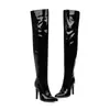 Botas Longas Femininas Outono Inverno Tiras Cruzadas Couro Patente Bico Fino Salto Fino Lantejoula Botas Martin Leves Zíper Lateral Europeu Americano Salto Alto Botas Femininas