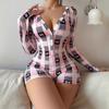 Mono Ajustado Sexy Transfronterizo Europeo y Americano de Shopify, Cuello en V Profundo, Lazo, Estampado a Cuadros, Mangas Largas, Pijama de una Pieza