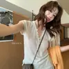 Camiseta de punto de manga corta estilo coreano, cuello Henley semiabierto, hombros normales, seda de hielo para mujer, ajuste slim de verano, hombros normales, top sin mangas de 1/4 de pulgada
