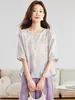 Camisa de Algodão Cocoon Bordado Pesado de Rami para Mulheres Verão 2026 Nova Elegante Estilo Chinês Manga Curta de Cinco Quartos Fina