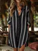 Vestido Camisa Bohemio Talla Grande Europeo y Americano de Comercio Exterior con Rayas Verticales en Contraste, Cuello Camisero, Botones de Madera, Vestido Corto Casual Holgado para Vacaciones