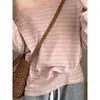 Camisa Base Listrada Color Block Diagonal Off-Shoulder para Mulheres, Camiseta Casual Solta Oversized de Manga Longa para Primavera e Outono