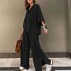 2025Temu Estación Independiente Transfronteriza Color Puro Holgado Traje de Dos Piezas Casual para Mujer Pantalones Holgados Traje Ropa Casual Retro para Mujer