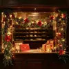 Luces de guirnalda LED de pino y ciprés navideño con bayas rojas, piñas, flores de Pascua, guirnalda decorativa, colgante para puerta, guirnalda de decoración festiva para chimenea