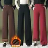 1039 Calça Larga Outono Lã Angorá Vermelho Inverno Jeans Moda Reta Caimento plus size Calças Casuais Mãe de Meia-idade