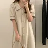 Foto real Retro francês Cor contrastante Gola polo Mangas bufantes Fechamento em botão Vestido longo midi Roupas femininas
