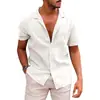 Camiseta Masculina de Linho de Manga Curta Tamanho Grande Transfronteiriça de Verão Camiseta Básica Solta Cardigã de Botão Cor Sólida Camisa de Linho de Algodão Masculina