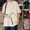 Camiseta Masculina de Gato Cor Vinho Manga Curta Verão Solta Pesada Meia Manga 2025 Nova Tendência Estilo Americano Camiseta
