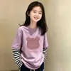 Camiseta de manga larga de retazos a rayas para niña, nuevo modelo primavera y otoño 2026, top de algodón puro para niños, conjunto de otoño de dos piezas simulado