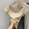 Camiseta de Manga Corta Lisa de Cuello Bajo Sencilla para Mujer 2024 Verano Nueva de Cuello en U Ajustada Ajustada Versátil Prenda Básica para Mujer