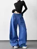 Calça Jogger Azul Super Moderna Inverno 2025 Novo Estilo Forrada com Fleece Preguiçosa Bordada Única Estilo de Rua Larga Casual
