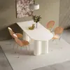 Juego de mesa y sillas de comedor de piedra sinterizada de lujo ligero color crema para el hogar, apartamento pequeño, mesa de comedor rectangular blanca pura minimalista moderna