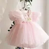 Vestido Formal para Bebê Menina de Um Ano 2026 Novo Estilo Saia de Tule Rosa Decoração de Flores Vestido Princesa com Manga Bufante para Bebê Venda por Atacado