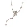 Colar Longo com Pingente de Borboleta Prata Fosca Pérola Estrelada para Mulheres 2026 Novo Estilo High-End Luxo Leve Nicho Corrente de Pescoço