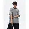 Camiseta masculina de gola redonda e manga curta, peso pesado, design bicolor, top pulôver soltinho de verão, camiseta casual americana de meia-manga
