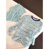 Pijama largo azul a rayas, dulce y femenino, para mujer, conjunto casual de otoño holgado talla grande para mujer