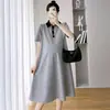 Vestido de Maternidade Verão Manga Curta Polo Vestido Lapela Vestido de Maternidade Verão Manga Curta Vestido para Grávidas Estilo Coreano Solto