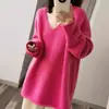 Suéter Europeo de Otoño e Invierno de Largo Medio con Cuello en V de Lana 100 Pura para Mujer, Suéter Holgado, Suave y Relajado, Camisa de Punto para Usar Debajo de la Ropa Exterior