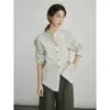Camisa listrada com gola alta em algodão Pima verde e linho francês, lavada com sal, estilo Guo Yuxin 8267