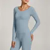 Ropa de Yoga para Mujer de Primavera y Otoño, Top Deportivo de Manga Larga con Cuello en V Ajustado, Camiseta de Hombro Normal, Moda con Sensación Nude, Ropa de Entrenamiento Físico de Secado Rápido