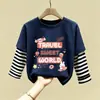 Camiseta de dibujos animados casual de otoño estilo coreano para niños, camiseta básica elegante de algodón puro para primavera y otoño, manga larga para niñas