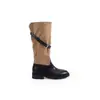 Botas de cavaleiro femininas estilo Mãe Uva com 4cm de salto para aumentar a altura, com couro patchwork e fivela, botas longas com design conversível e salto grosso, apresentando barra franzida