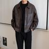 Jaqueta Masculina de Couro PU Solta Estilo Retro Primavera e Outono Top Bonito Estilo Coreano Gola Lapela Motociclista Casual Tendência