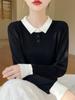 Camiseta Tricô Manga Longa Gola Polo Colorblock Feminina Estilo Western Rejuvenescedora Cor Contrastante Solta Top Básico Suéter Fino Início do Outono