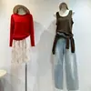 Suéter tejido básico de punto liso de cuello redondo para mujer, suave y amigable con la piel, contiene lana de oveja, top base de punto fino para otoño