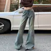 Jeans boca de sino retro azul pesado com padrão de bambu para mulheres 2026, não apertado, cintura baixa, solto, calças de perna larga