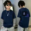 Camiseta de Manga Larga con Parches Rayados para Niños, Falsa Dos Piezas, Capa Base de Algodón Puro, Primavera Otoño 2026 Nuevas Llegadas, Ropa para Niños Medianos y Grandes