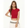 Camiseta Cropped Manga Corta Ajustada Algodón Puro Elástico Chica Picante Mujer Verano Estilo Americano Hombro Recto Cuello Redondo Top Corto Morado Oscuro
