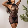 Body Sexy de Malla Transparente con Espalda Descubierta y Huecos, Ajustado, de la Nueva Colección de Ropa de Malla en Verde Neón, Transfronterizo Europeo y Americano