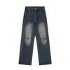 Americano high street design costura zíper bolso jeans casal solto all-match outono lavado distressed calças