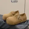 Em estoque~Sola grossa de 4cm, que aumenta a altura, couro genuíno, totalmente fechado, estilo Birkenstock, mocassins Mary Jane femininos de bico redondo