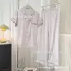 Pijama Feminino de Seda Gelada com Renda e Bolinhas, Cor Sólida Simples, Casual e Confortável, Roupa de Casa Feminina para Atacado