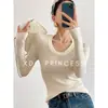 Suéter de Tricô com Gola U de Manga Longa para Mulheres, Estilo Hong Kong e Americano, Suéter Pulôver para Camada de Outono e Inverno, Base de Lã Slim Fit