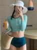 Maiô Feminino Estilo Coreano Ins Color Block Dividido Cintura Alta Manga Longa Simples Modelador de Corpo de Alta Qualidade para Seios Pequenos com Bojo
