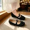 Sapatilhas Mary Jane de bolinhas com laço duplo, femininas, bico quadrado, corte baixo, sola macia, estilo retrô, sapatos baixos para combinar com saias