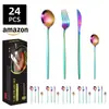 Novo Conjunto de 24 Peças de Faca, Garfo e Colher de Aço Inoxidável da Amazon Dourado Português Conjunto de Talheres Ocidentais para Faca de Bife e Garfo