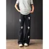 Calça jeans branca da moda de luxo leve estilo americano com bordado cruzado para homens e mulheres, calça longa de corte reto slim fit levemente alargada da alta rua