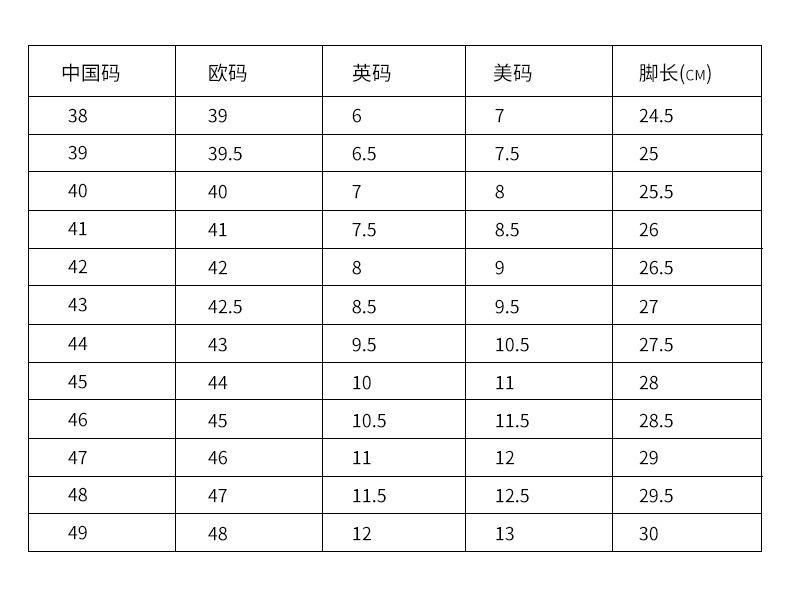 加宽尺码表