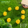 Paisaje en miniatura con una familia creativa y cariñosa de patitos amarillos; materiales de jardinería, accesorios decorativos para bricolaje y pequeños adornos de mesa