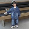 Ropa Azul Chaqueta y Pantalones para Niños Conjunto de Primavera y Otoño para Niños Pequeños 2026 Nuevo Conjunto de Tres Piezas de Mezclilla para Niños Moderno