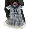 Vestido de Niña Verano Nuevo Estilo Niña Pequeña Solapa Pequeña Manga de Volante Falda Moda Niños Falda de Encaje Cuadros de Verano