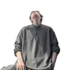 Nova camiseta waffle de manga longa com gola Henry estilo americano para homens, estilo de rua primavera e outono, camisa base canelada estilosa para homens